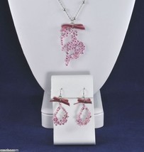 Artisan Jewelry Set Pink Enamel Rhinestone Silver Double Chain Necklace Earrings - £5.87 GBP