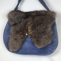 Vintage Women&#39;s Genuine Rabbit Fur Blue Leather Shoulder Bag Purse 80s - £18.96 GBP