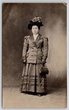 RPPC Victorian Woman Dress Purse Large Floral Hat Postcard D27 - £10.14 GBP