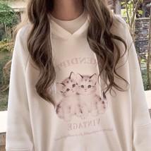 Harajuku Hoodie Women Kitten Print Raglan Sleeve Loose Fleece Hooded Sweatshirt  - £113.32 GBP