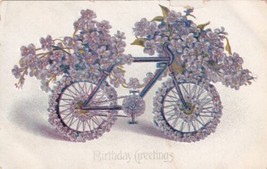 Birthdaay Greetings Lovely Floral Purple Flower Bicycle Postcard E25 - £7.92 GBP