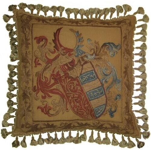 Hand-Embroidered Throw Pillow 21x21 Heraldic Shield, Blue,Red,Beige,Brown - $319.00