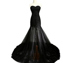 An item in the Fashion category: Kivary Sheer Black Tulle Lace Sweetheart Corset Back Formal Mermaid Prom Evening