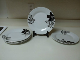 ONE ~ Set of 5 Stoneware Dinner Plates White With Black Flowers 10 3/4 Inch - £35.15 GBP