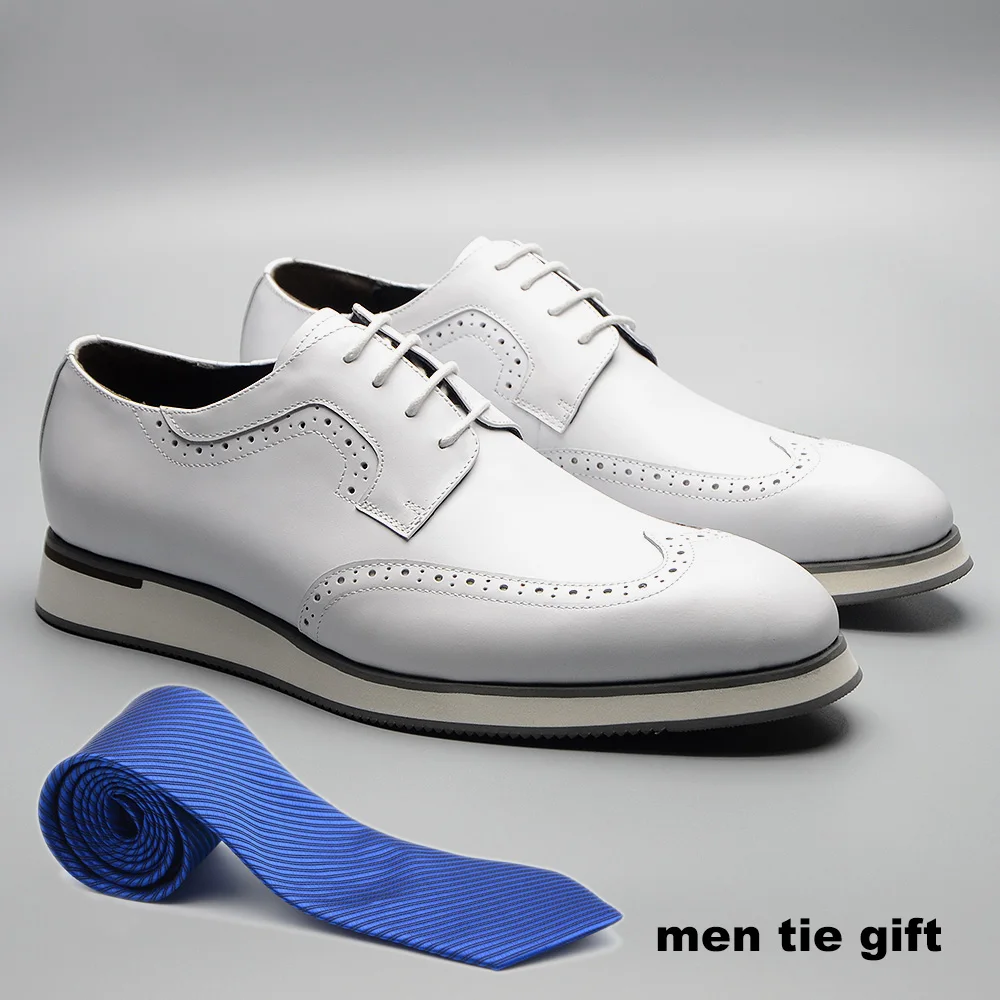 Men’s White Summer Sneakers Genuine Leather Breathable Lace-up Wing Tip ... - $123.48