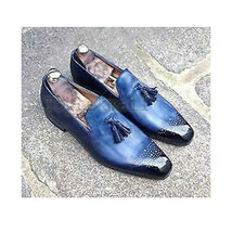 Handmade Men&#39;s Leather Genuine Tassel Loafer Slip Ons Party Wear Blue Shoes-681 - £167.05 GBP