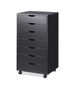 7-Drawer Chest, Wood Storage Dresser Cabinet With Wheels, Black - £148.27 GBP