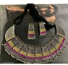 Indian Women Silver Oxidized Necklace Set Bohemian Gypsy Fashion Jewelry Gift - £24.12 GBP