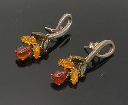925 Sterling Silver - Vintage Amber Floral Motif Dangle Earrings - EG10718 - £50.56 GBP
