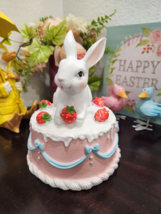 Easter Bunny Rabbit On A Strawberry Cake Pink Pastel Figurine Tabletop D... - $38.60