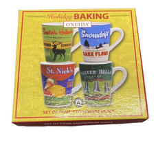 Oneida Holiday Baking Stoneware Christmas Mugs 4PCS set Free Shipping - £29.88 GBP