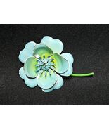 Vintage Enamel Flower Brooch Light Blue Green Stem Mid Century Retro Pin - $28.26 CAD