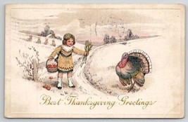 Best Thanksgiving Greetings Girl Corn Apple Basket Turkey 1914 Postcard K28 - £6.68 GBP