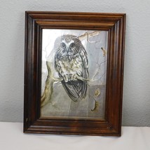 Owl Wall Art Iridescent Metallic Foil Framed Signed C Hoss 8.5x10.5&quot; FLAWED Vtg - £11.45 GBP