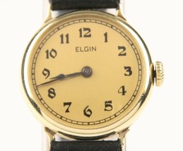 Vintage Ladies Elgin 14k Yellow Gold Hand-Winding Watch w/ Leather Strap - £474.80 GBP