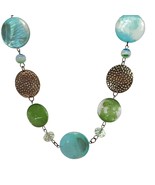 Colorful Green &amp; Blue Disc Necklace With Hammered Gold-Tone Accents Boho... - $35.43