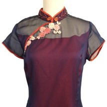 Embroidered Geisha Asian Dress M Maxi Sheer Overlay Mandarin Collar Floral Slit - £27.68 GBP