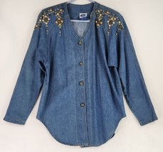 Bingo Bingo Jacket Womens 6 Petite Blue Denim Beaded Vintage Made in USA Shacket - £29.60 GBP