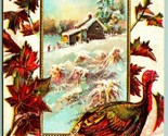 Thanksgiving Greetings Cascante Invernale Cabina Acero Foglie Goffrato DB - $5.08