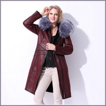 Silver Russian Fox Fur Hooded Collar Long Sleeves Plush Lined Faux Leather Coat image 5