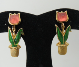 AVON Pink Tulip Earrings Flower Pot Clip On Dangle Gold Tone Green Ename... - $29.00
