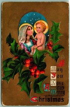 Virgin Mary Jesus Holly Merry Christmas Gilt Embossed 1910 DB Postcard I7 - £5.01 GBP