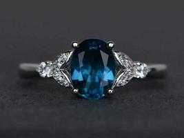 1.40Ct Oval Cut Blue Topaz &amp; Diamond Engagement Ring in 14k White Gold Finish - £64.26 GBP