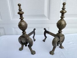 Vtg Pair Cast Iron Brass Fireplace Andirons Firedogs Mid Century - $222.74