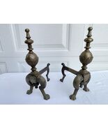 Vtg Pair Cast Iron Brass Fireplace Andirons Firedogs Mid Century - $222.74