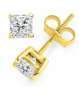 14K Yellow Gold  2 CT Princess Cut Solitaire Stud Earrings Brilliant Scr... - $176.72