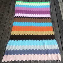 Vtg Handmade Crochet Blanket Afghan 75x45  Zig Zag Chevron Pink Green Brown Tan - £19.76 GBP