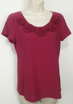 Elementz Womens Shirt Small S Rosette Floral Short Sleeve Dark Pink Stretch Euc - £9.68 GBP