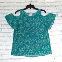 St Johns Bay Blouse Womens Petite Small Blue Green Floral Cold Shoulder Hearts - £14.27 GBP
