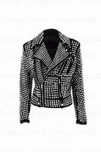 New Woman&#39;s Full Silver Studded Unique Punk Genuine Cowhide Leather Jacket-782 - £343.71 GBP