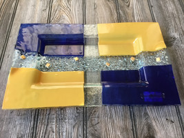 Eterno Handmade Fused Art Glass Platter Blue, Yellow &amp; 3D Glass Pebbles - £26.53 GBP