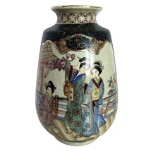 Japanese Royal Satsuma Moriage Hand Painted Gilded 12in x 8in Footed Vase - $129.95