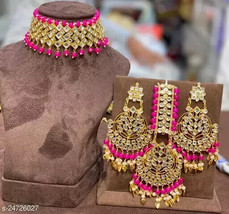 Kundan Jadau Earrings Tikka Jewelry Set Necklace Jadau Limited Quantity Hot Pink - £33.77 GBP