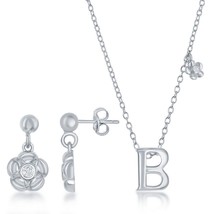 Sterling Silver Shiny &quot;B&quot; with Tiny CZ Flower Necklace and Earrings Set - £59.44 GBP