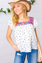 Navy Floral Multicolor Embroidered Square Neck Top - £20.45 GBP