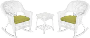 3 Piece Rocker Wicker Chair Set With With Green Cushion, White - £519.39 GBP