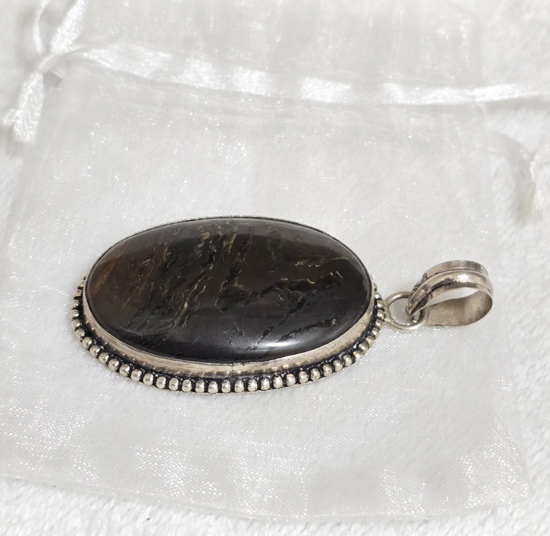VTG Sterling Silver 925 Tiger Iron Pendant Oval Cabochon Beaded Setting 26g Item image 7