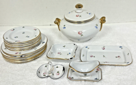 21 Vintage Childs Enamel Metal Floral Design Gold Gilt Plates Gravy Boat... - $39.11