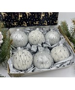 Set of 6 white with silver Christmas glass balls,hand painted ornaments ... - £42.03 GBP