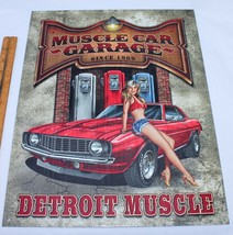 Muscle Car Garage Pin-up Girl Tin Sign Detroit Muscle Race Cars Shop or Man Cave - £9.65 GBP