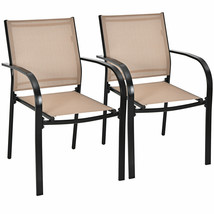 Patio Set Of 2 Dining Chairs Stackable With Armrests Garden Deck Brown - £130.74 GBP