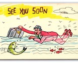 Comic Man Swimming In Ocean See You Soon UNP Chrome Postcard U7 - $2.92