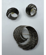 Sterling Silver Marcasite Pierced Earrings &amp; Brooch Pin Set Swirl Invert... - £54.17 GBP