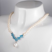 Designer Blue Topaz &amp; Real Diamond  Pearl String Necklace Wedding Formal Estate - £266.24 GBP