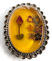 Vintage Mexican Sterling Silver 925 Pendant Brooch Dried Flowers Resin O... - $49.00
