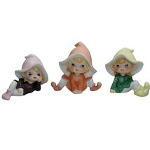 3 Homco Pixie Shelf Elf Elves Garden Gnomes Figurines Fairy Children Big Hat MCM - £11.94 GBP
